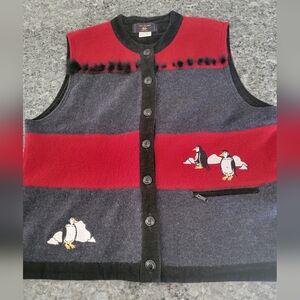Vintage Red Fashion Nature Wool Vest With Penguins Sz Xl
